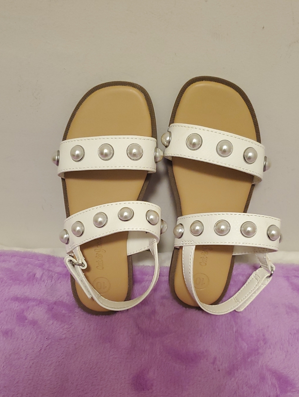 White Studded Leather Slide Sandals for Kids, Girl Size 10.